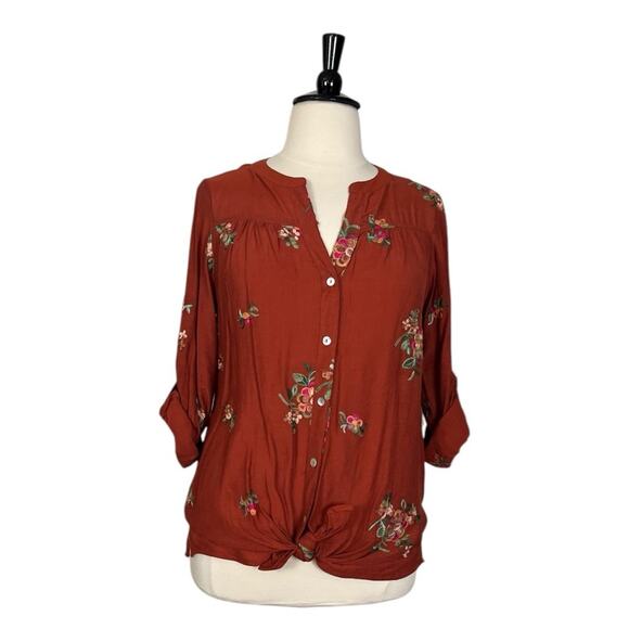 Fig & Flower New Button Down Top V-neck Floral Embroidery Orange Women’s Size 1X - Picture 1 of 14
